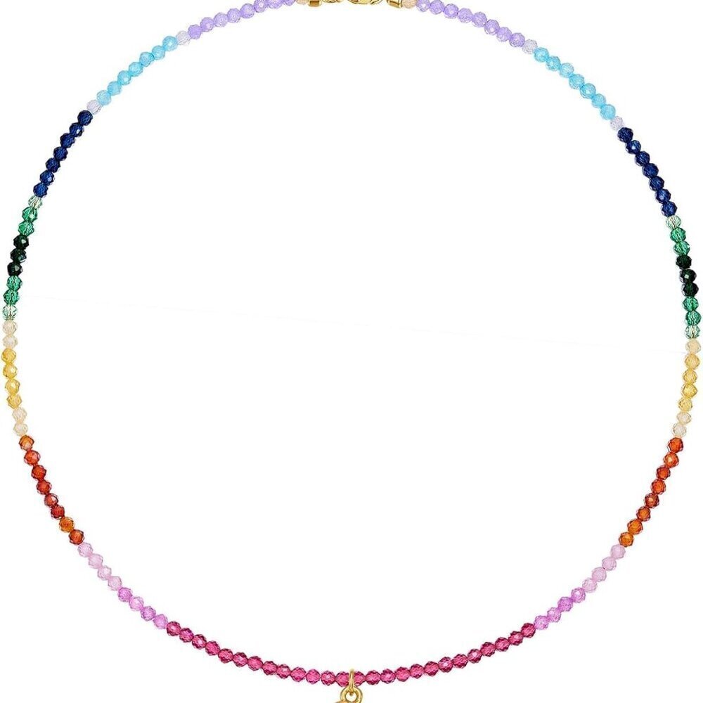 Beaded Initial Necklace Women Gold Plated Rainbow Gemstone Choker Summer Beach J